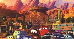 Group of colorful cars from Disney Pixar's "Cars" movie, featuring Lightning McQueen in Radiator Springs.