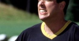 Adam Sandler in a Boston Bruins jersey showcasing a passionate moment from the iconic comedy "Happy Gilmore.