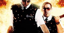 Action-packed scene from "Hot Fuzz" featuring two police officers amidst dramatic flames, showcasing intense comedy and adventure.