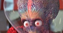 Humorous alien character from Mars Attacks! with a vivid brain design and shiny red attire, embodying the film's quirky style.