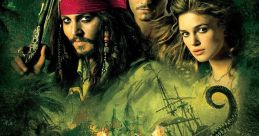 Pirates of the Caribbean: Dead Man's Chest movie poster featuring Jack Sparrow, Will Turner, and Elizabeth Swann amidst pirate adventures.