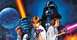 Iconic poster of "Star Wars: Episode IV - A New Hope," featuring heroes, Darth Vader, and memorable starships in action.