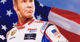 Will Ferrell in "Talladega Nights: The Ballad of Ricky Bobby," portraying a NASCAR legend in front of an American flag.