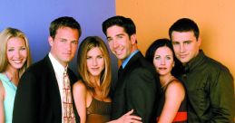 Iconic cast of Friends posing together, showcasing their unique styles and camaraderie in a colorful backdrop.