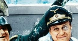 Colonel Klink and Sergeant Schultz from Hogan's Heroes, enjoying a snowy scene filled with humor and camaraderie.