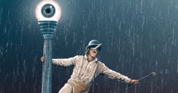 Dancer in the rain, inspired by *A Clockwork Orange*, with a large eye atop a lamppost and striking visual elements.