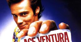 Jim Carrey as Ace Ventura holding a pet detective card, showcasing humor and adventure in "Ace Ventura: Pet Detective.