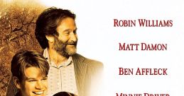 Good Will Hunting movie poster featuring Robin Williams, Matt Damon, Ben Affleck, and Minnie Driver with iconic university backdrop.