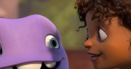 A purple alien smiles alongside a girl, capturing a heartwarming moment from the animated movie "Home.