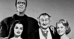 Iconic cast of "The Munsters" TV show, featuring classic characters in a vintage black and white portrait.