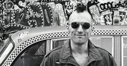 Travis Bickle stands in front of a classic taxi, embodying the iconic look from the movie "Taxi Driver" with urban graffiti backdrop.