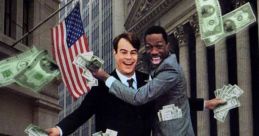 Trading Places movie poster featuring two characters joyfully surrounded by flying money in a bustling city backdrop.