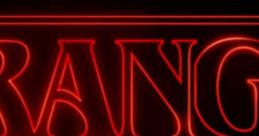 Title logo of "Stranger Things" in glowing red neon against a black background, capturing the show's eerie vibe.