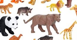 Colorful toy animal figures including lions, tigers, pandas, and elephants, perfect for educational play and awareness of wildlife.