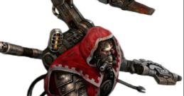 Enginseer from Warhammer 40k, armored in crimson cloak, wielding a combi-tool and supported by a mechanical arm.