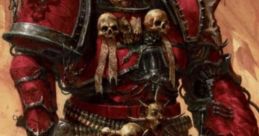 Powerful Chaos Space Marine in red armor, adorned with skulls and chaos insignia, ready for battle in Warhammer 40k.