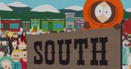 Cartman, Stan, and Kenny celebrate in front of the iconic South Park sign, capturing the show's humor and charm.