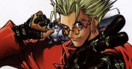 Vash the Stampede strikes a dynamic pose, showcasing his iconic red coat and joyful demeanor while brandishing a gun.