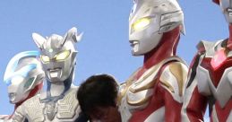 Ultraman characters in vibrant costumes being adjusted for a performance against a city backdrop, showcasing their iconic designs.