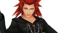 Axel from "Kingdom Hearts" in a black coat, showcasing vibrant spiky red hair and a confident pose.