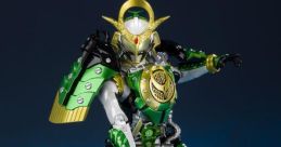 Kamen Rider figure in striking green and gold armor wielding a blaster, featuring intricate details and dynamic pose.