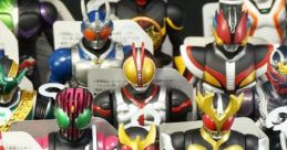 Collection of Kamen Rider action figures showcasing various designs from the 仮面ライダーシリーズ series.