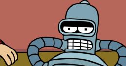 Bender from Futurama lounging on a couch, surrounded by pizza scraps, showcasing his laid-back robotic personality.