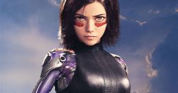 Alita, a battle-ready cyborg with purple accents and a sword, embodies strength and resilience in a futuristic setting.