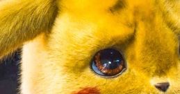 Cute Detective Pikachu with big eyes and a concerned expression, showcasing its iconic yellow fur and red cheek mark.