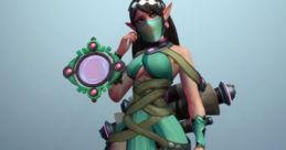 Ying from Paladins, dressed in a striking aqua outfit, holding a mirror and showcasing her mystical abilities.