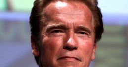 Arnold Schwarzenegger presenting with a serious expression, showcasing his iconic style and charisma at a public event.