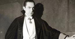 Bela Lugosi in classic Dracula attire, exuding mystery and elegance with a dramatic cloak and sharp formal wear.