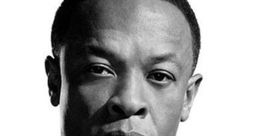 Dr. Dre, renowned music producer and rapper, presents a confident expression in a minimalist black and white portrait.