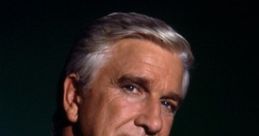 Leslie Nielsen in a sharp suit, exuding charisma and confidence, set against a dark gradient background.