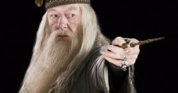 Albus Dumbledore with wand raised, embodying wisdom and power in a mystical pose against a dark background.