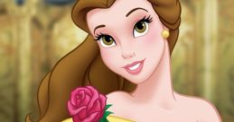 Belle from Beauty and the Beast, wearing a yellow gown, holds a pink rose in a grand, enchanting setting.