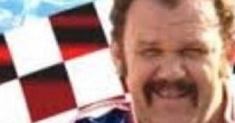 Cal Naughton Jr. in a red racing suit, smiling confidently with a checkered background, showcasing his NASCAR spirit.