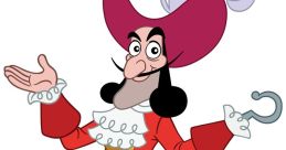 Captain Hook, the iconic pirate from Peter Pan, wearing a red coat with a feathered hat and holding a hook hand.