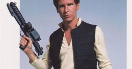 Han Solo stands confidently, holding a blaster, wearing iconic attire from the Star Wars franchise.