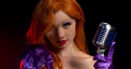 Jessica Rabbit-inspired character in a glamorous red sequined dress, holding a vintage microphone, exuding allure and confidence.