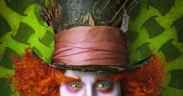 Mad Hatter with vibrant orange hair, whimsical hat, and holding a teacup against a green patterned background.