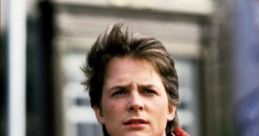 Marty McFly in a classic red vest, looking determined against a nostalgic backdrop, embodies 80s time travel adventure.