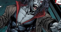 Morbius, the Living Vampire, lunges menacingly, showcasing razor-sharp fangs and a dramatic, dark outfit.