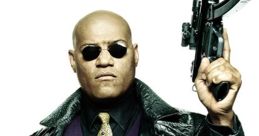 Morpheus from The Matrix, dressed in black leather, holding a firearm, exuding confidence and authority.