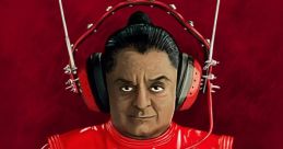 Oompa Loompa-inspired character in red jumpsuit with headphones, posed confidently against a vibrant red background.