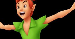 Energetic Peter Pan in a vibrant green outfit, soaring joyfully with arms outstretched against a solid black background.