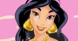 Princess Jasmine smiles confidently, wearing a stunning blue outfit adorned with pink jewels against a vibrant pink background.