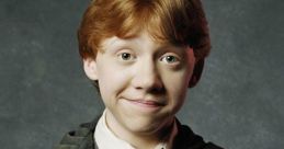 Ron Weasley, the loyal Gryffindor wizard, smiles confidently in his Hogwarts robe and tie, showcasing his trademark red hair.