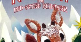 Rudolph the Red-Nosed Reindeer with a bright red nose in a snowy landscape with holiday trees. Classic holiday character.