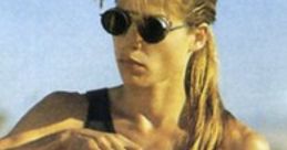 Sarah Connor in tactical gear, ready for action with a rifle, embodying strength and determination from the iconic film series.